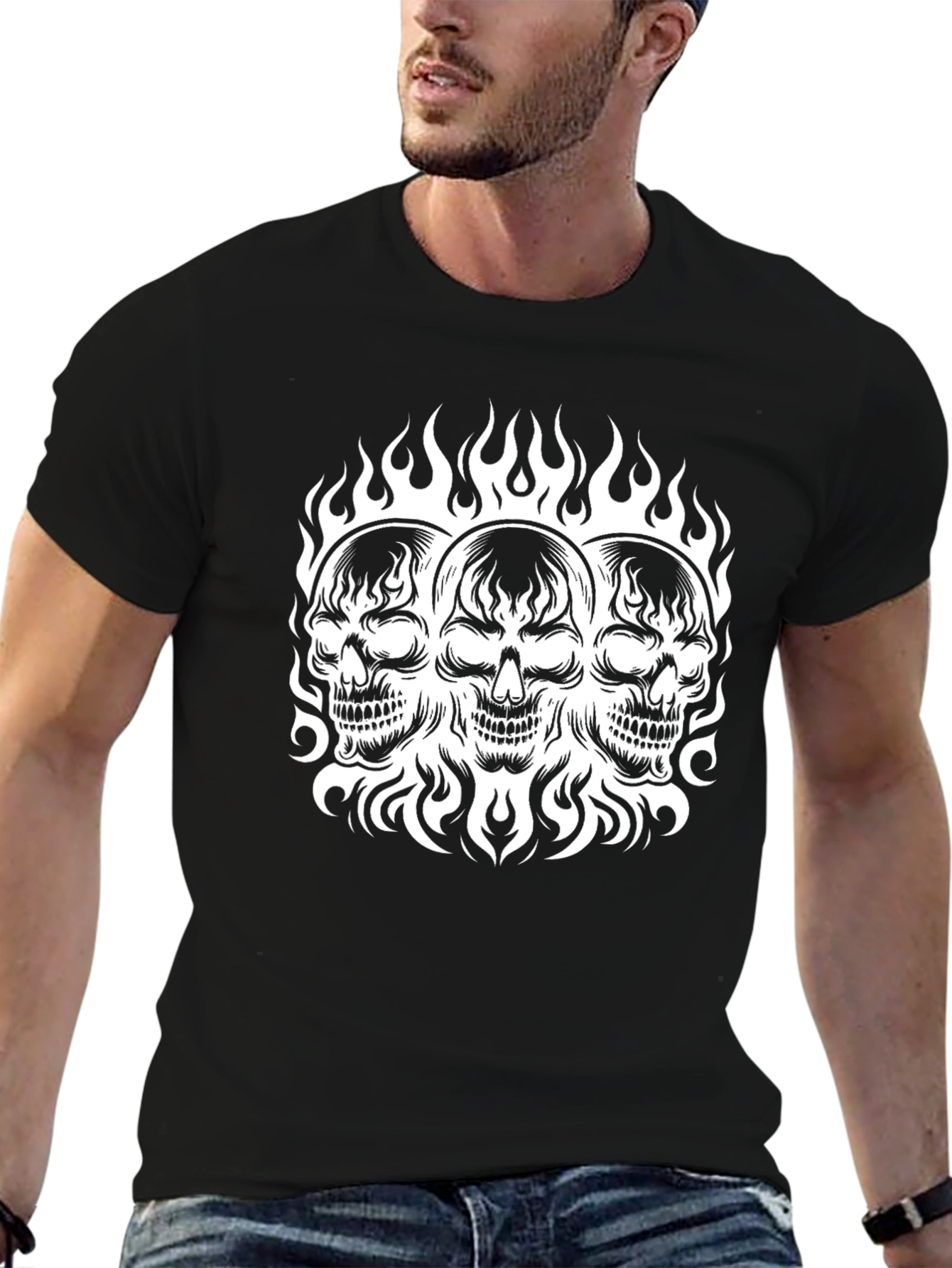 Skull Trio Flames T-Shirt - Mens Black Graphic Tee