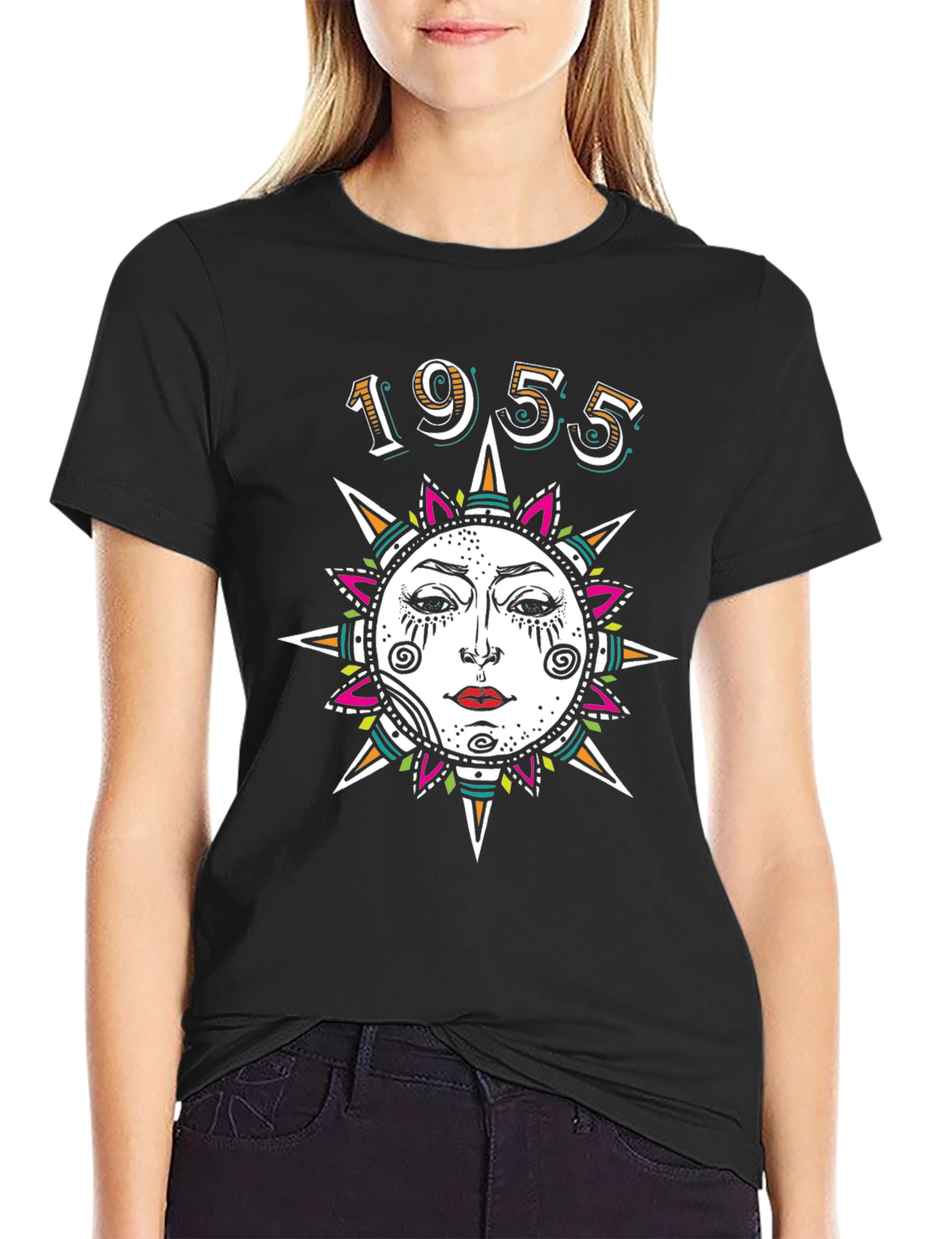 1955 Sun Face Graphic Tee - Unique Vintage Style