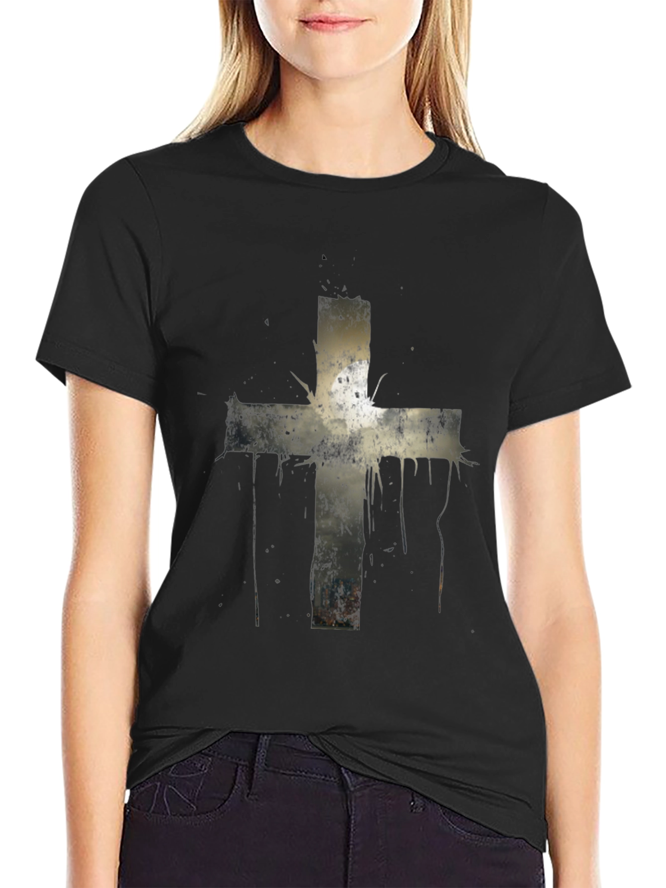 Grunge Cross Graphic Print Tee - Black