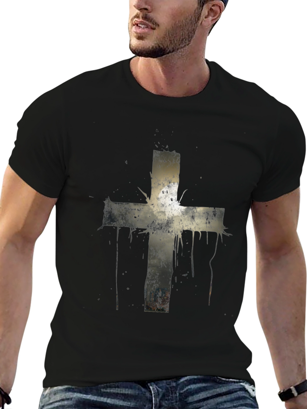 Grunge Cross Graphic Print Tee - Black