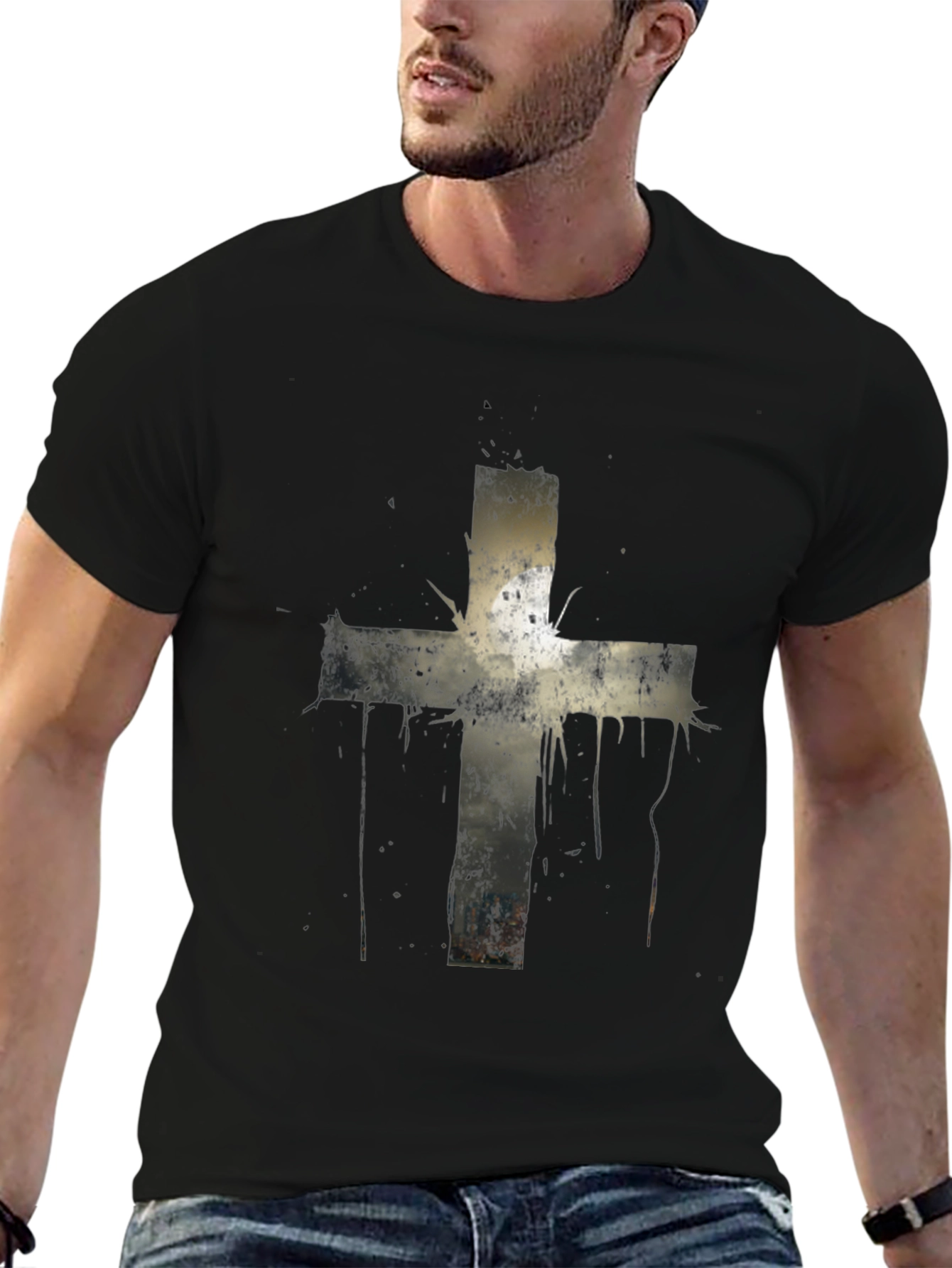 Grunge Cross Graphic Print Tee - Black