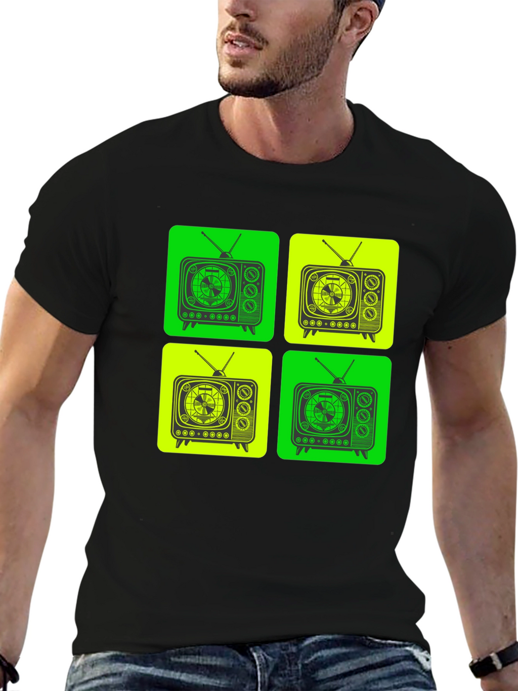 Retro TV Pattern T-Shirt - Black