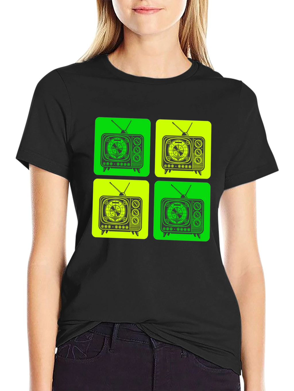 Retro TV Pattern T-Shirt - Black