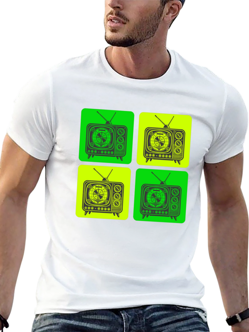 Retro TV Pattern T-Shirt - Black