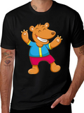 Cartoon Bear Graphic Tee - Black Cotton Blend