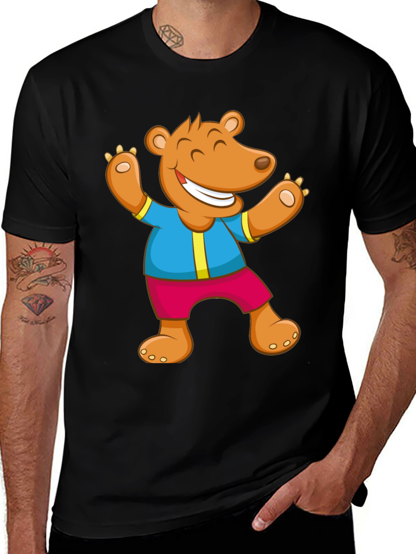 Cartoon Bear Graphic Tee - Black Cotton Blend