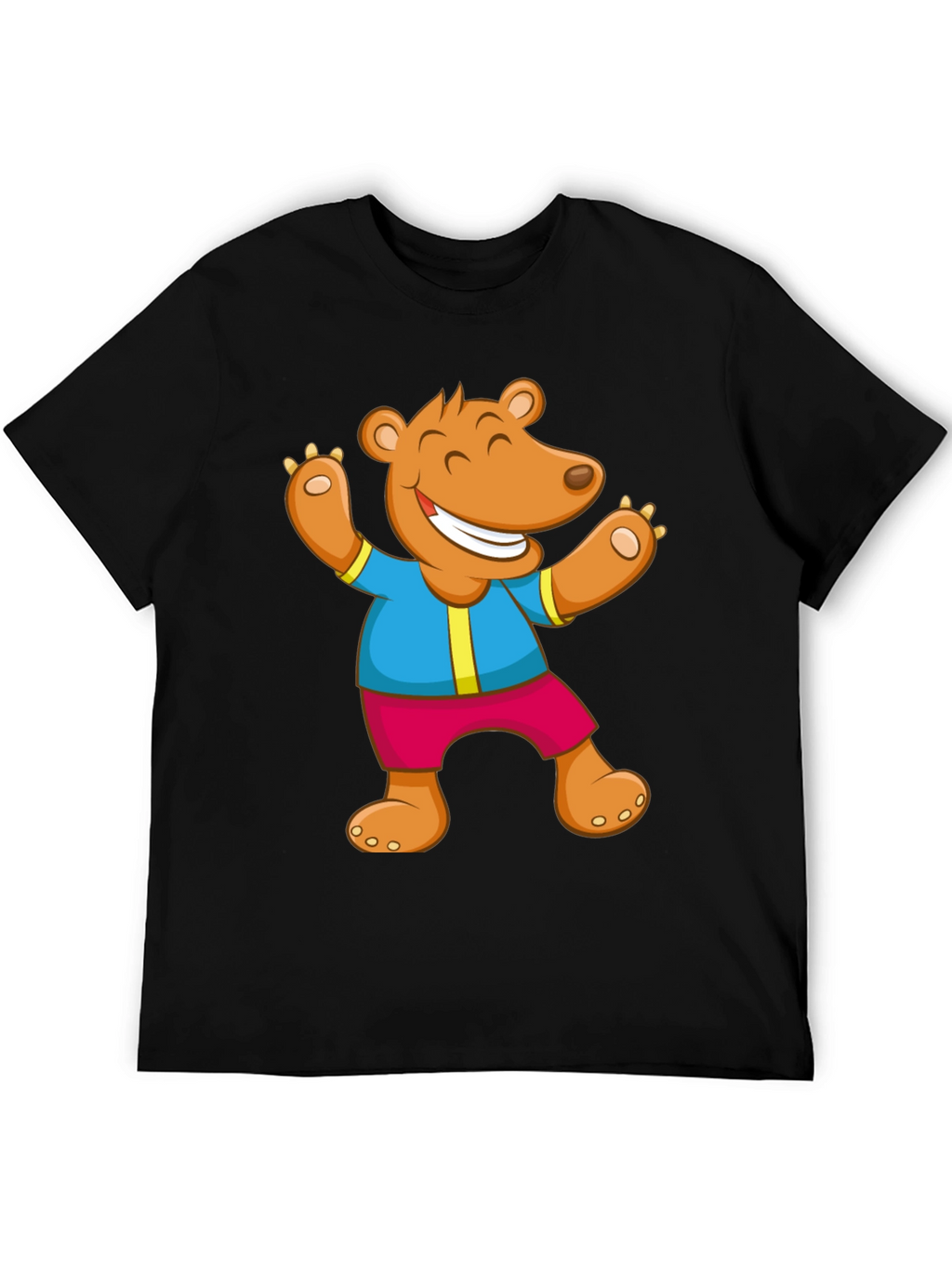 Cartoon Bear Graphic Tee - Black Cotton Blend
