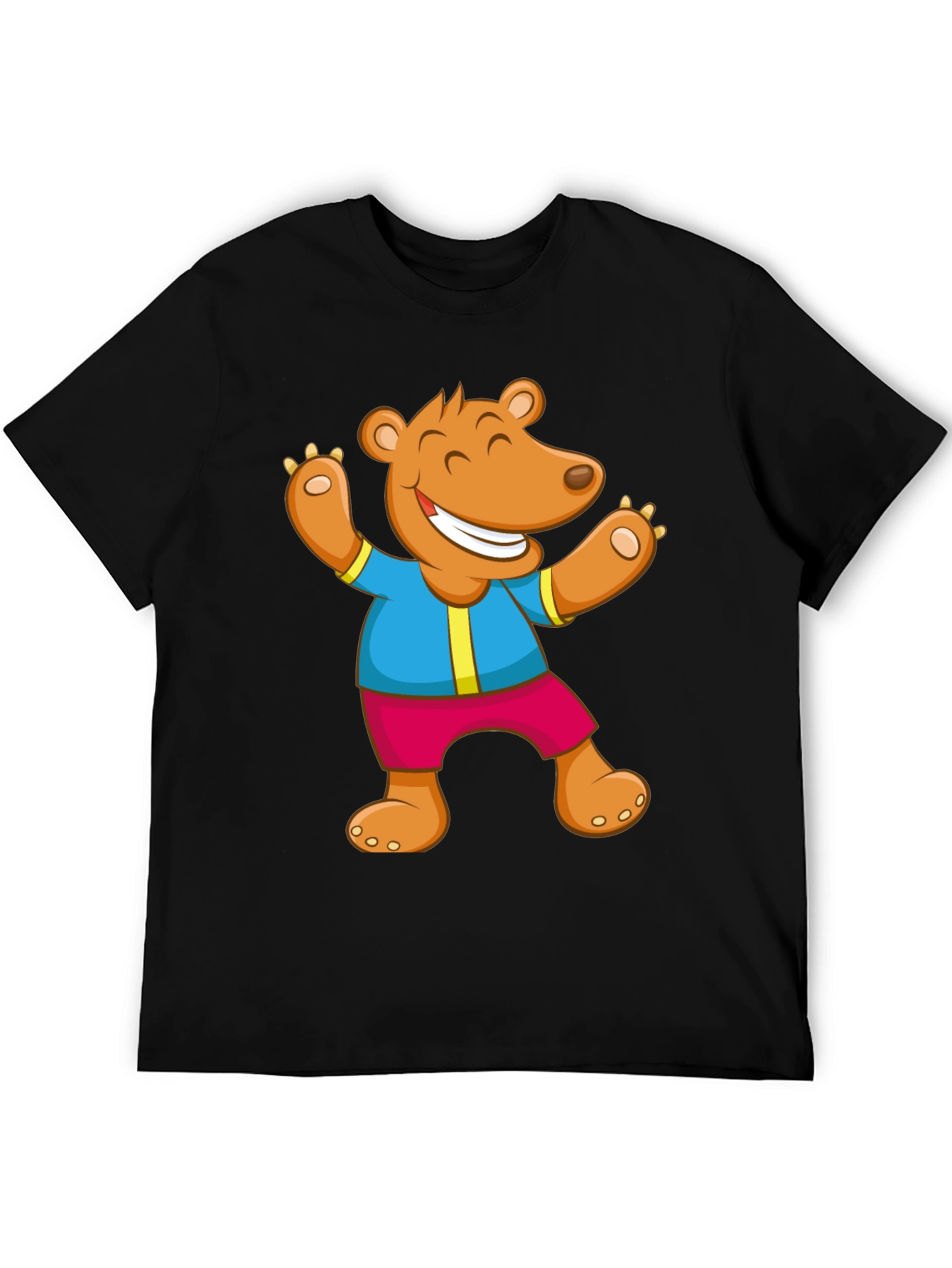 Cartoon Bear Graphic Tee - Black Cotton Blend
