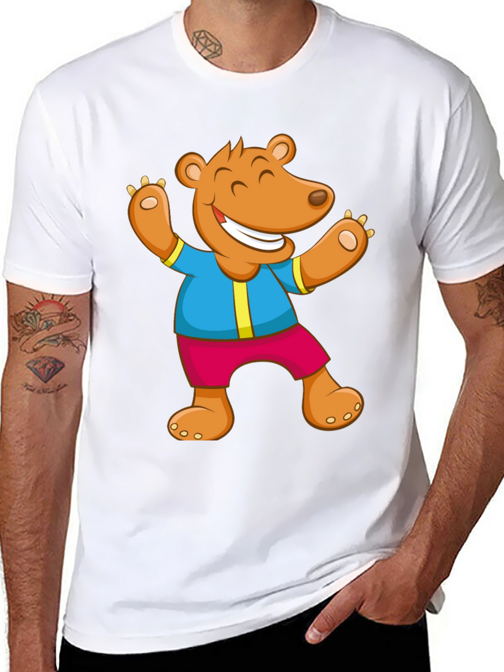 Cartoon Bear Graphic Tee - Black Cotton Blend