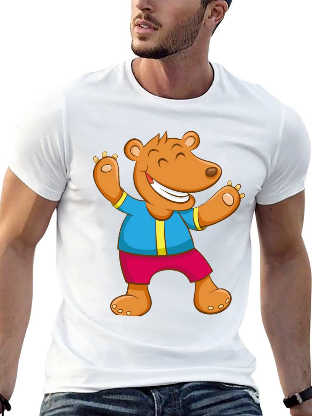 Cartoon Bear Graphic Tee - Black Cotton Blend