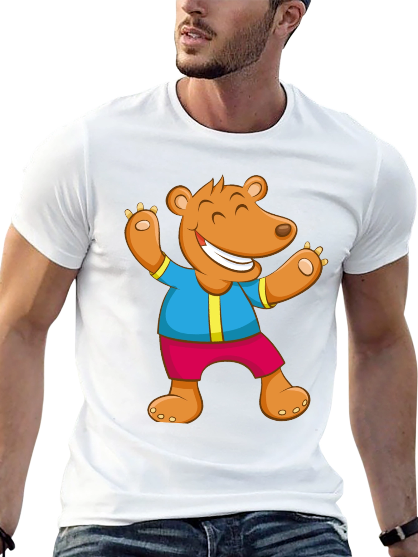 Cartoon Bear Graphic Tee - Black Cotton Blend