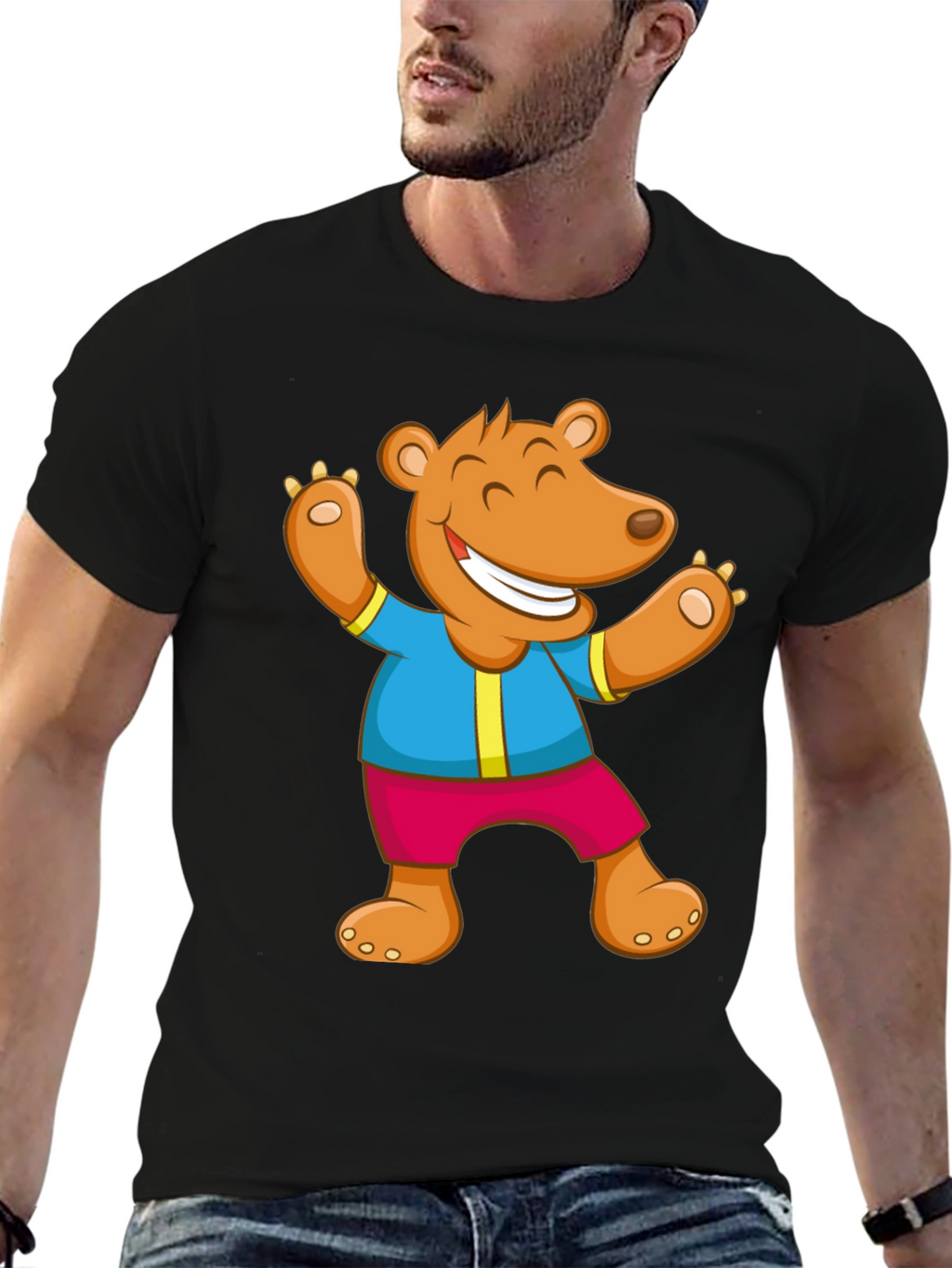 Cartoon Bear Graphic Tee - Black Cotton Blend