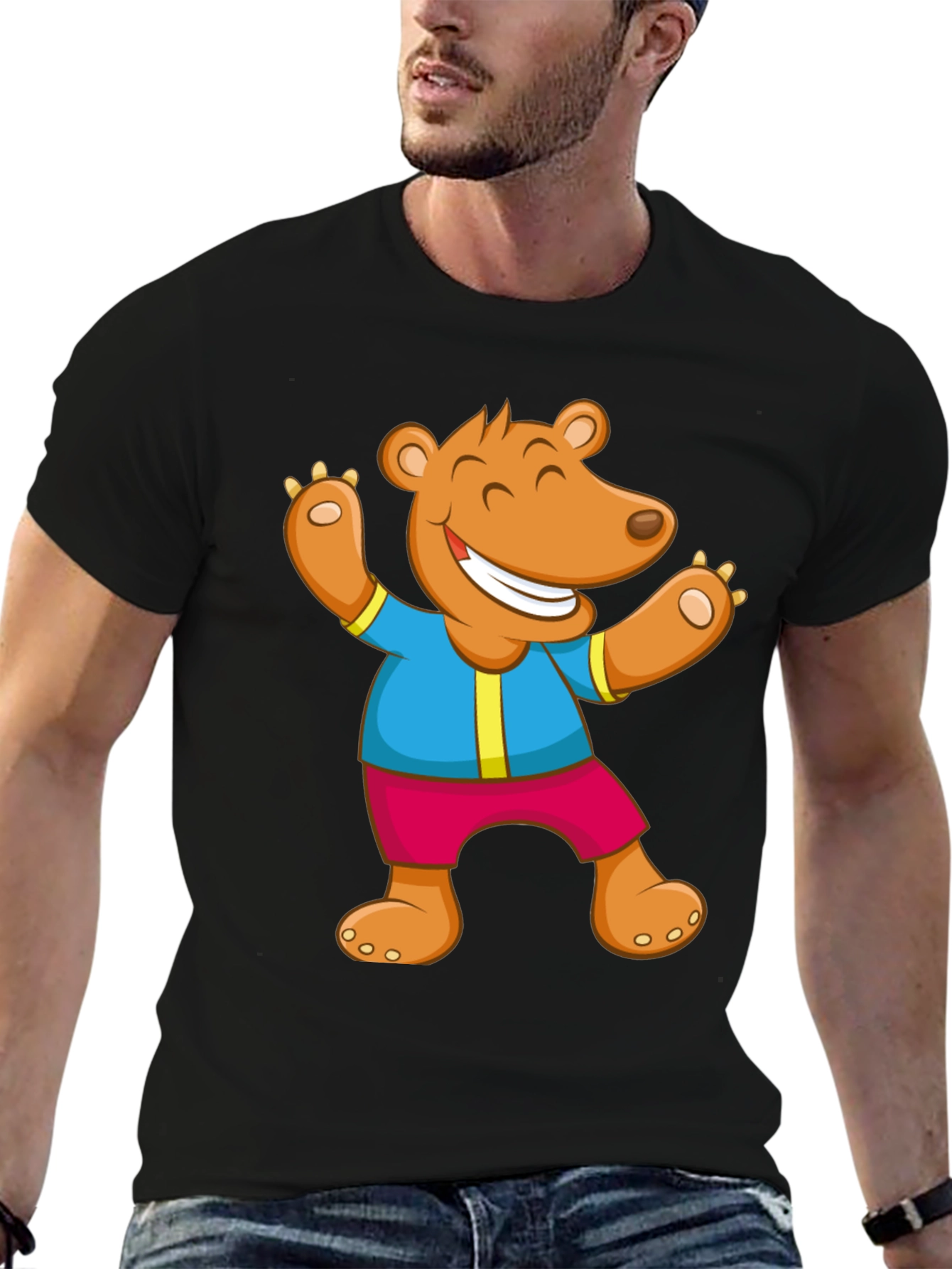 Cartoon Bear Graphic Tee - Black Cotton Blend