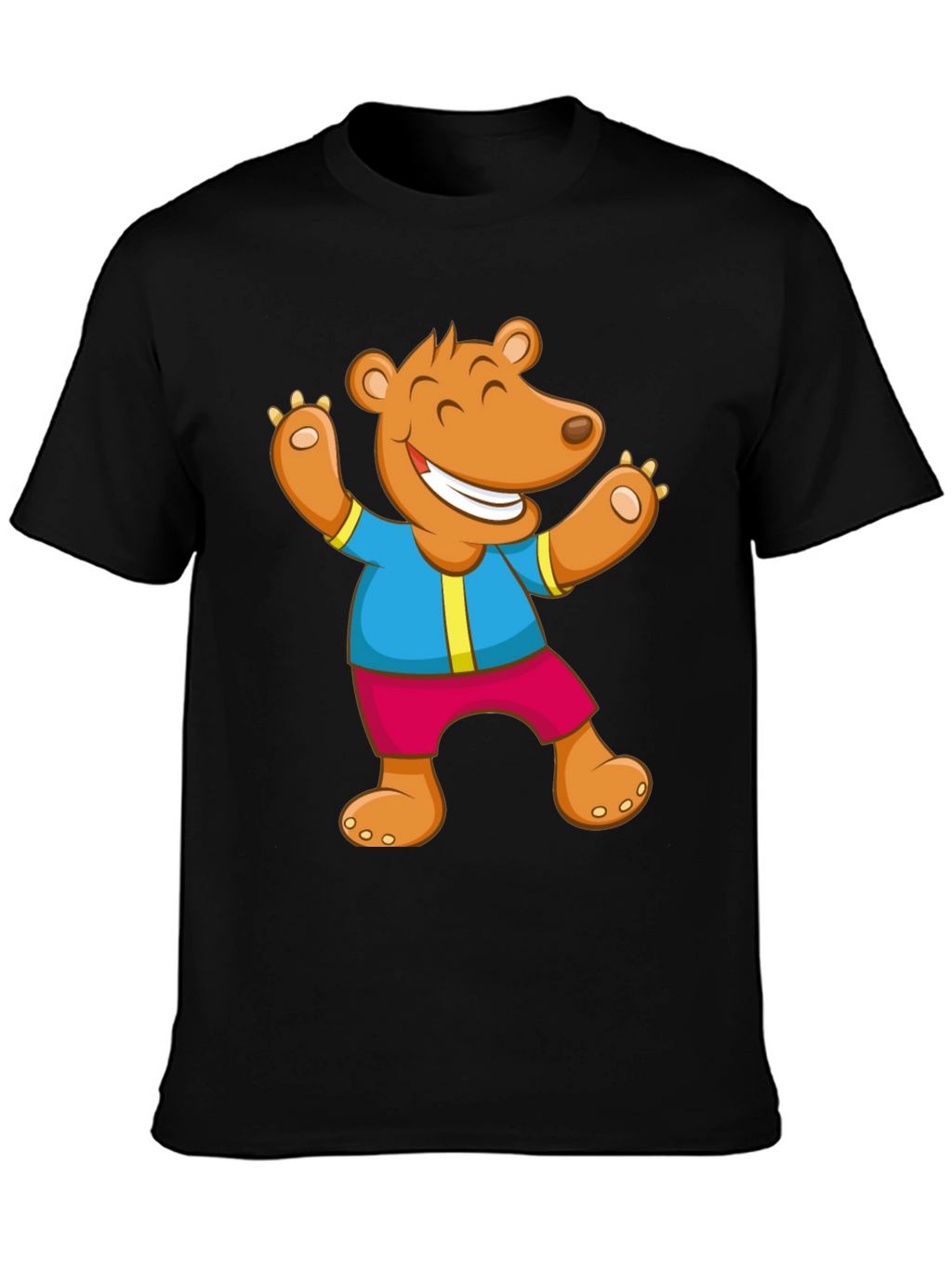 Cartoon Bear Graphic Tee - Black Cotton Blend