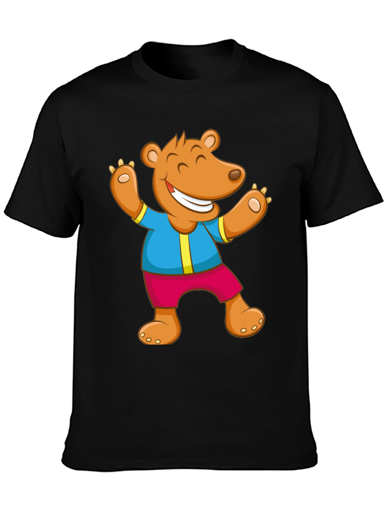 Cartoon Bear Graphic Tee - Black Cotton Blend