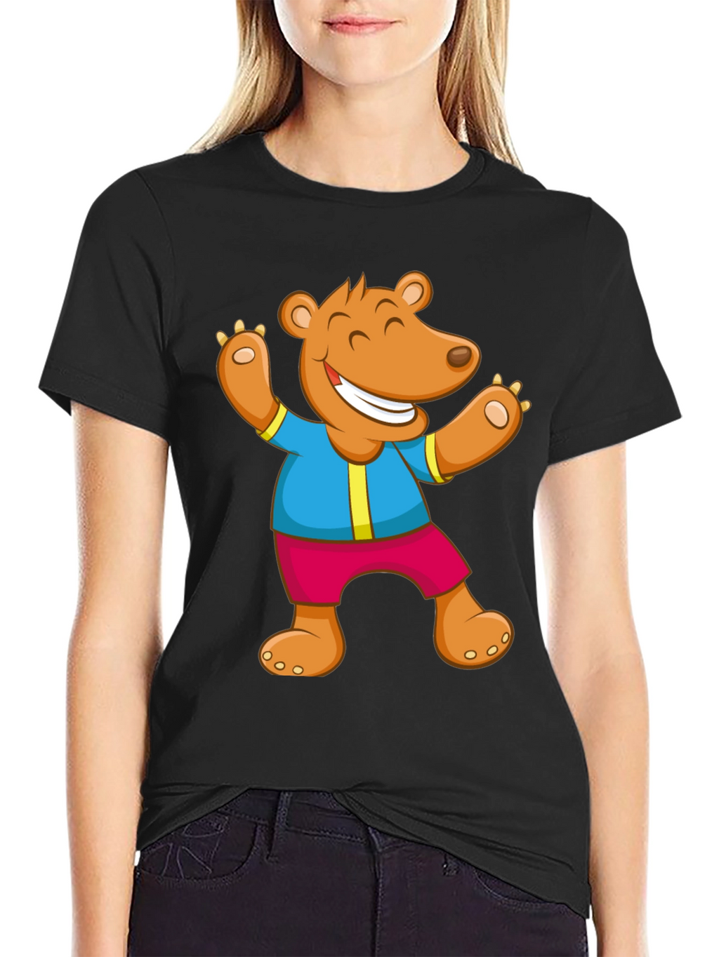 Cartoon Bear Graphic Tee - Black Cotton Blend