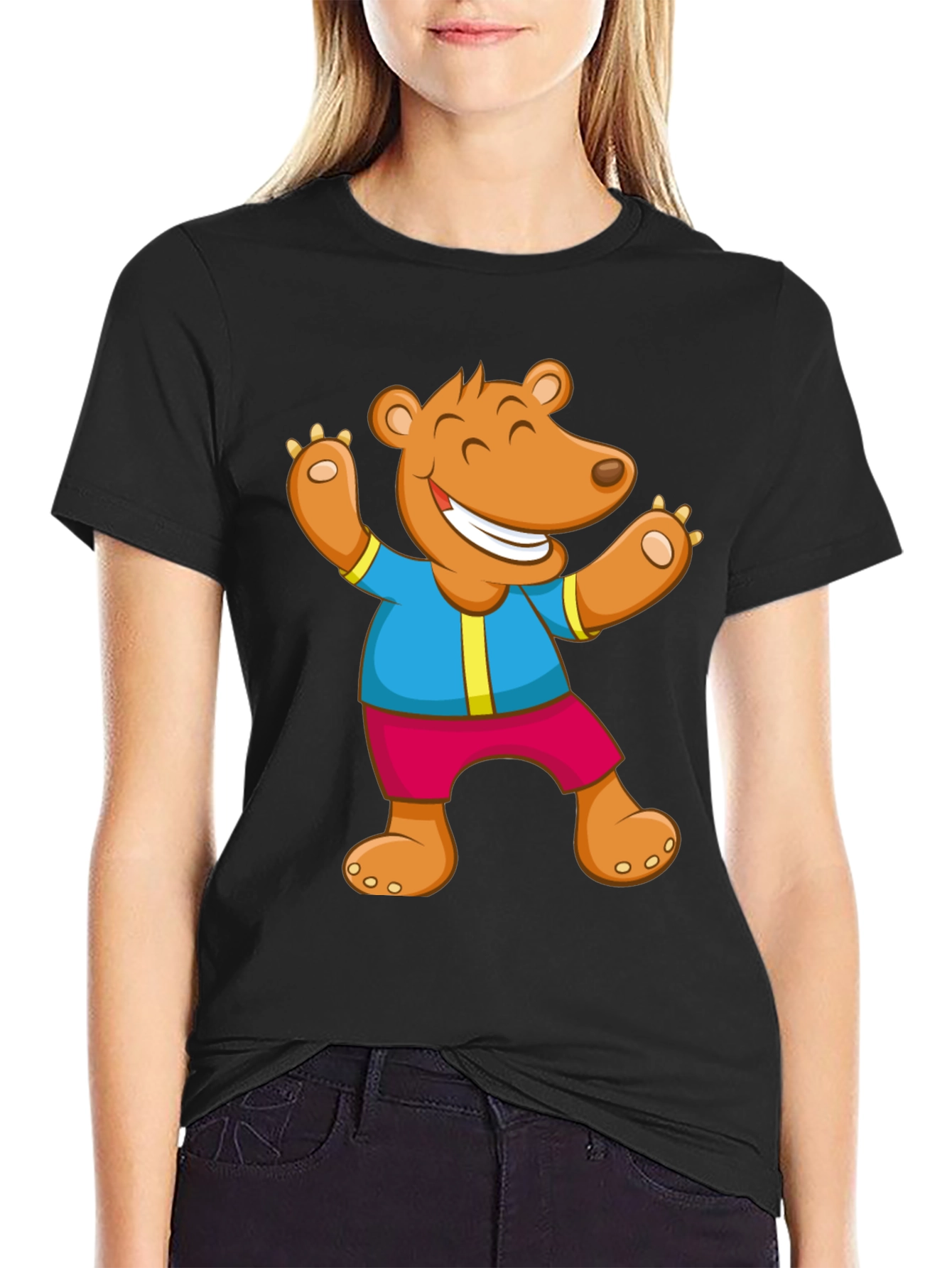 Cartoon Bear Graphic Tee - Black Cotton Blend