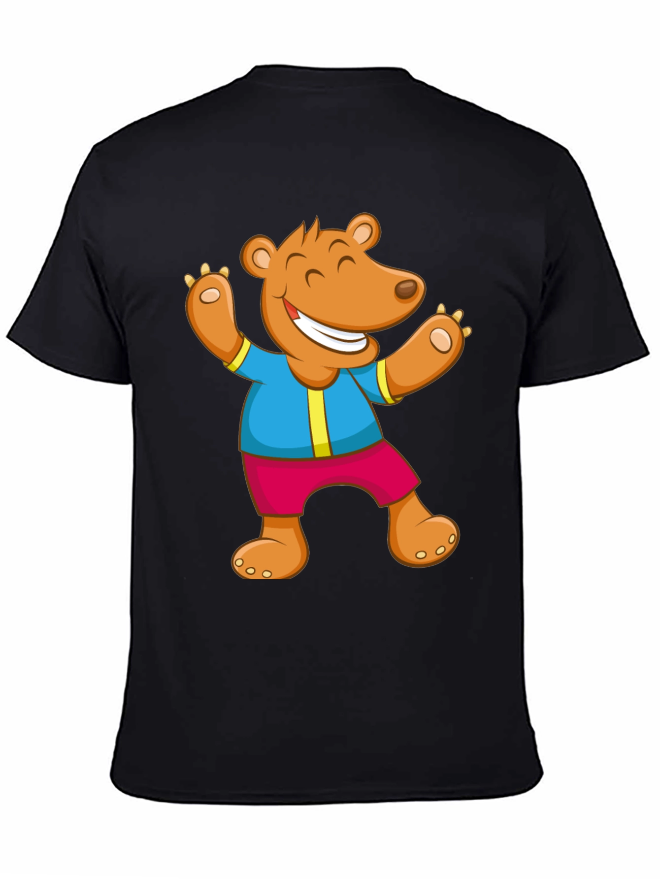 Cartoon Bear Graphic Tee - Black Cotton Blend
