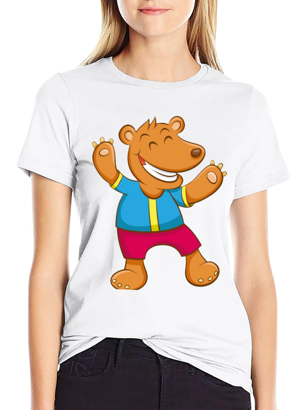 Cartoon Bear Graphic Tee - Black Cotton Blend