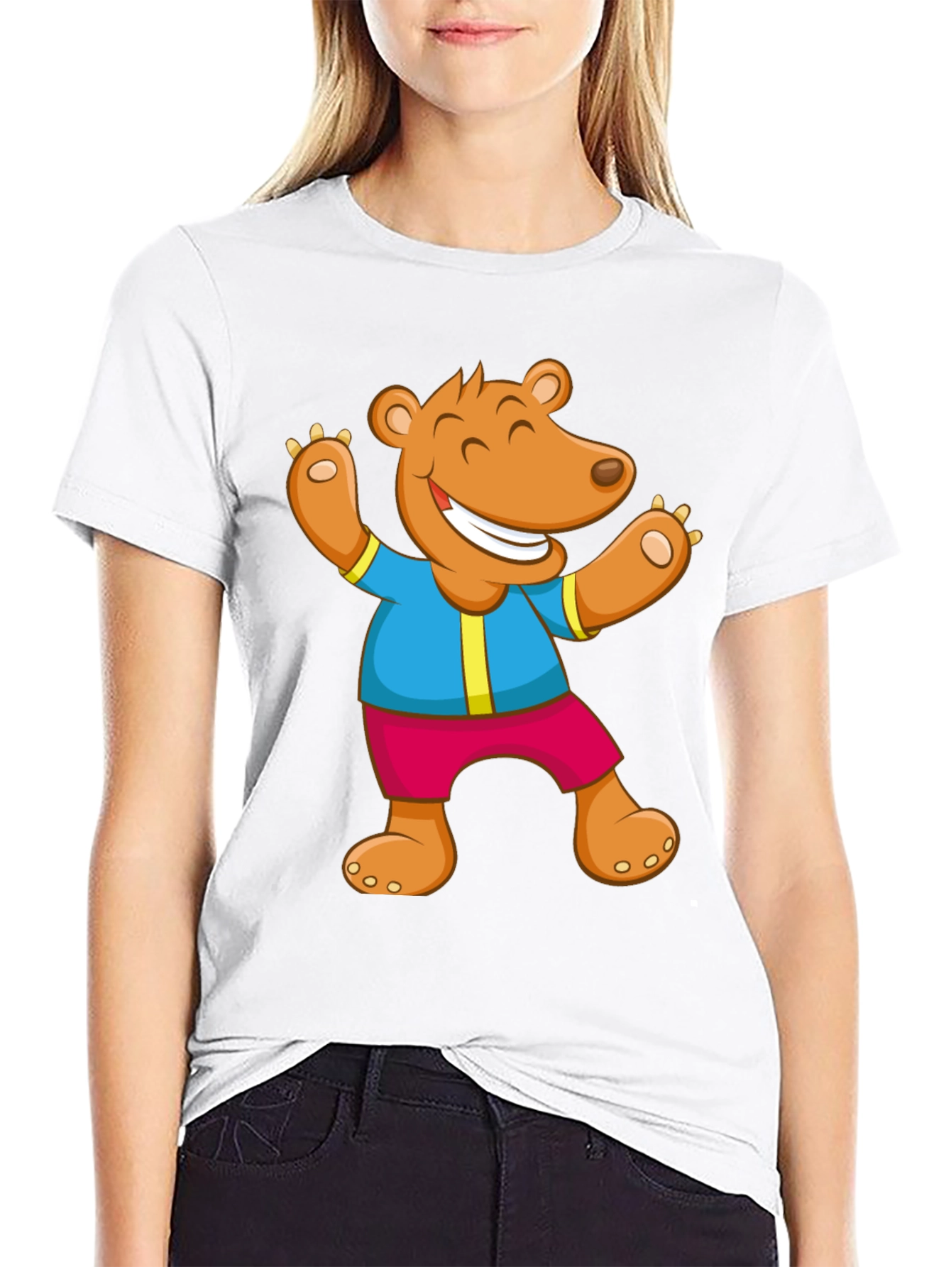 Cartoon Bear Graphic Tee - Black Cotton Blend