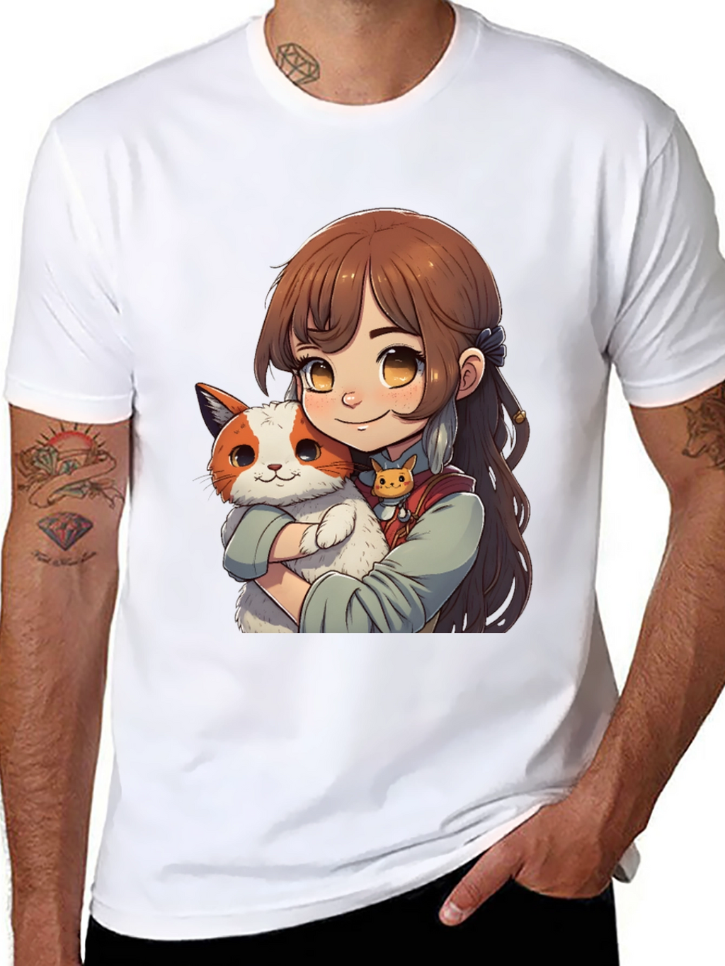Anime Girl with Cat T-Shirt