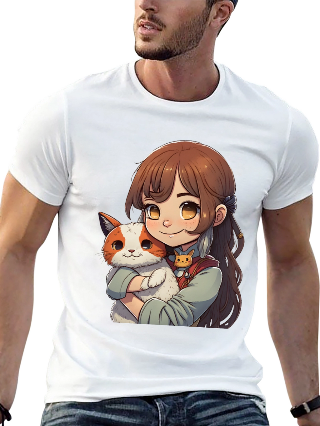 Anime Girl with Cat T-Shirt