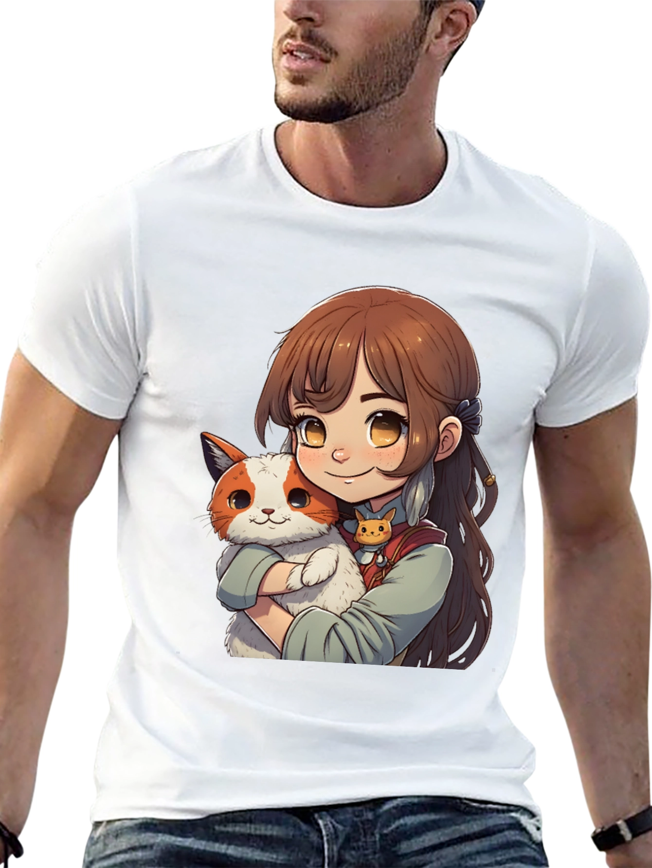 Anime Girl with Cat T-Shirt