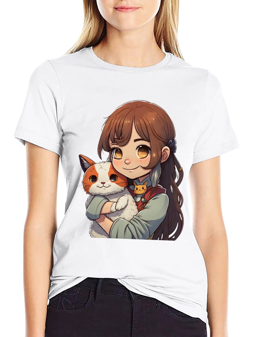Anime Girl with Cat T-Shirt