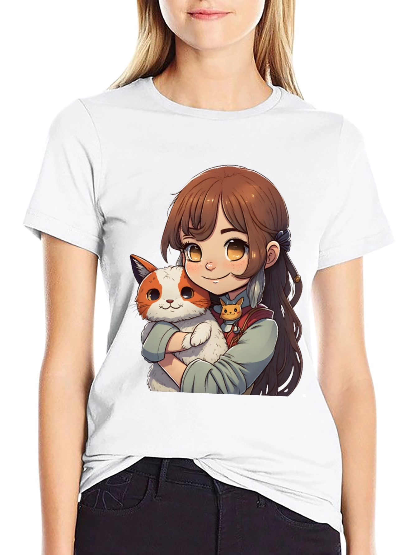 Anime Girl with Cat T-Shirt