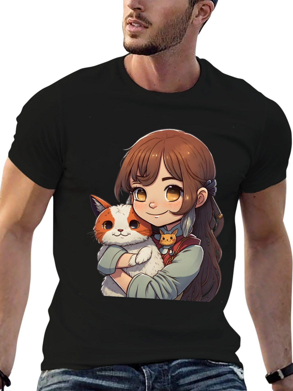 Anime Girl with Cat T-Shirt