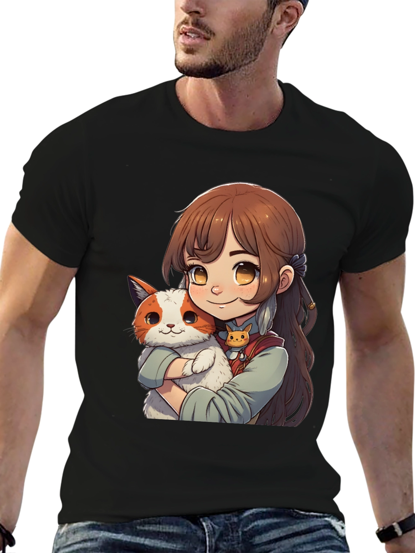 Anime Girl with Cat T-Shirt
