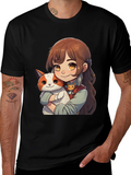Anime Girl with Cat T-Shirt