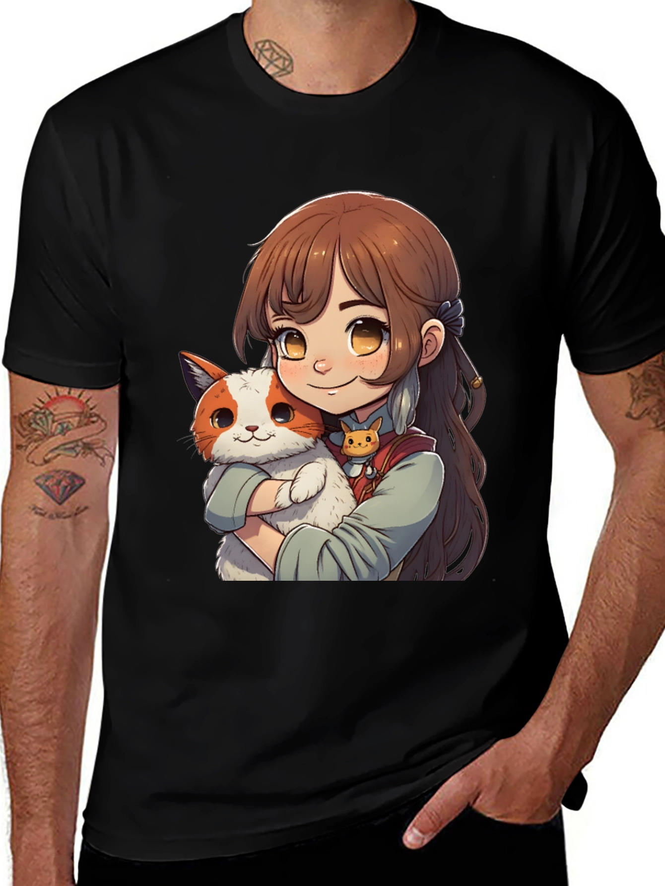 Anime Girl with Cat T-Shirt