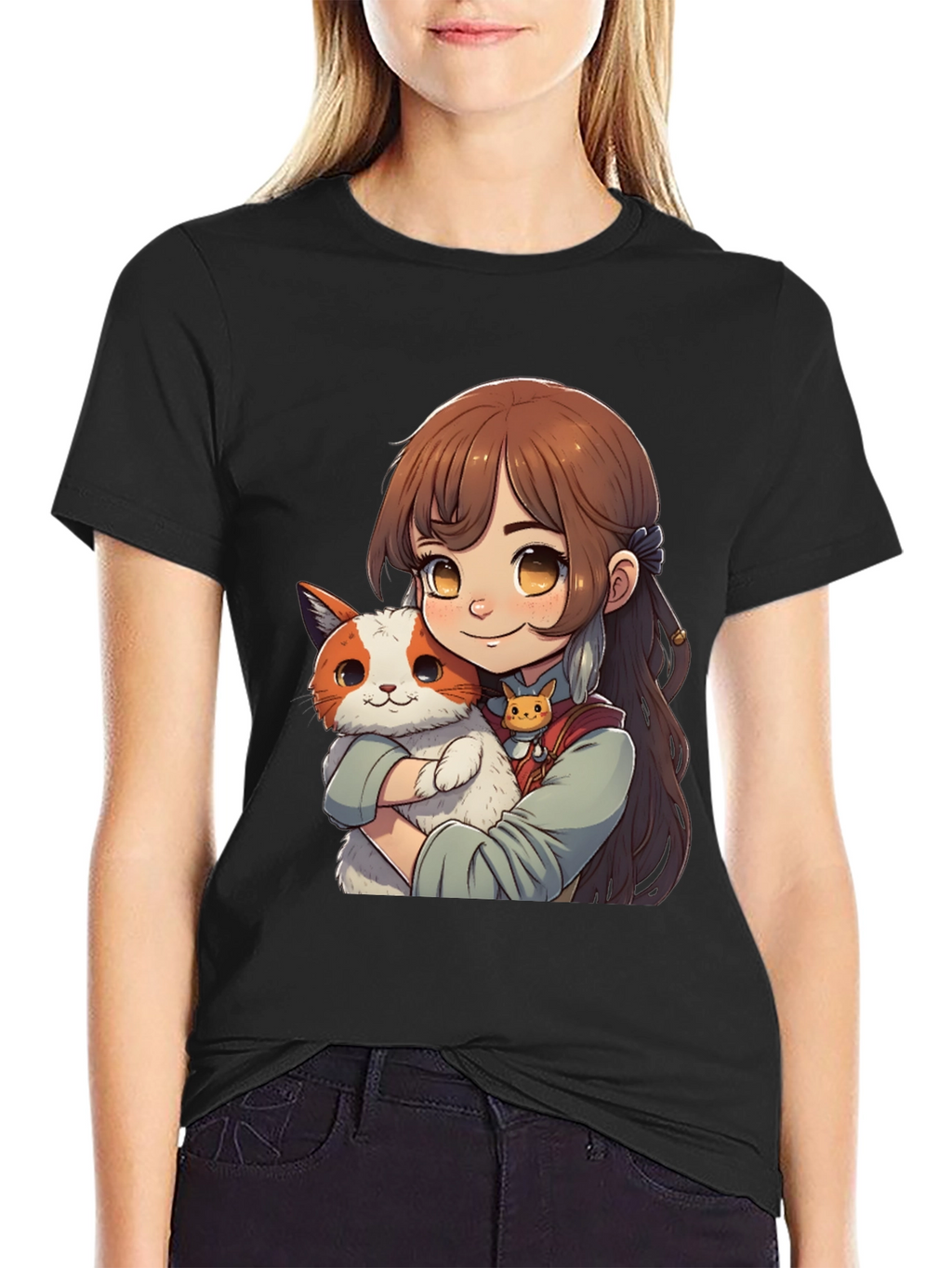 Anime Girl with Cat T-Shirt