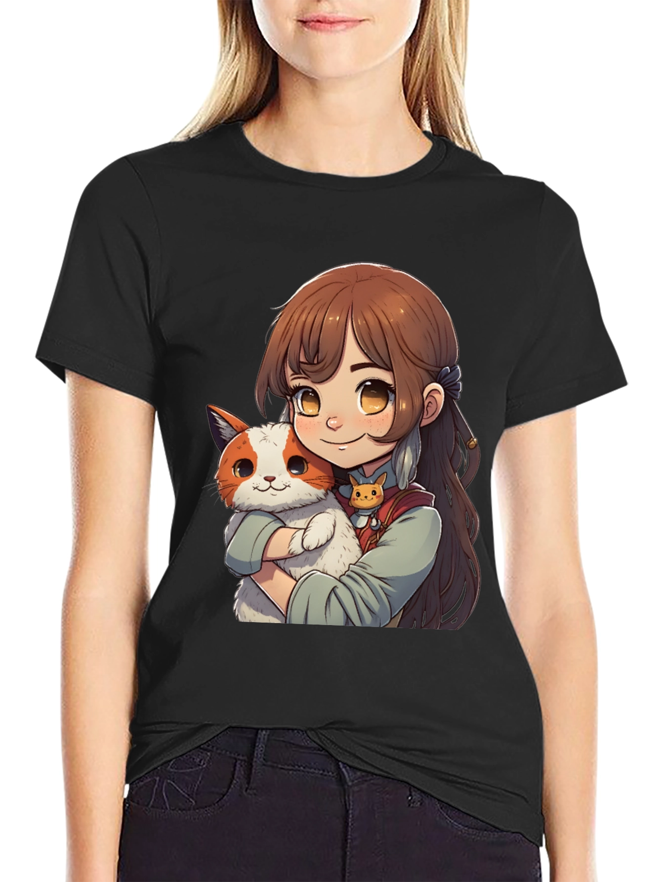 Anime Girl with Cat T-Shirt
