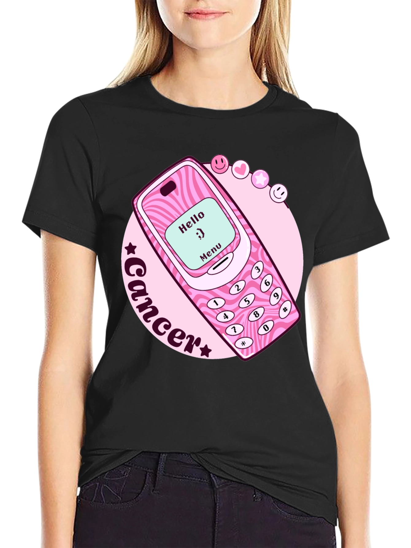 Cancer Zodiac Graphic Tee - Retro Cell Phone Design