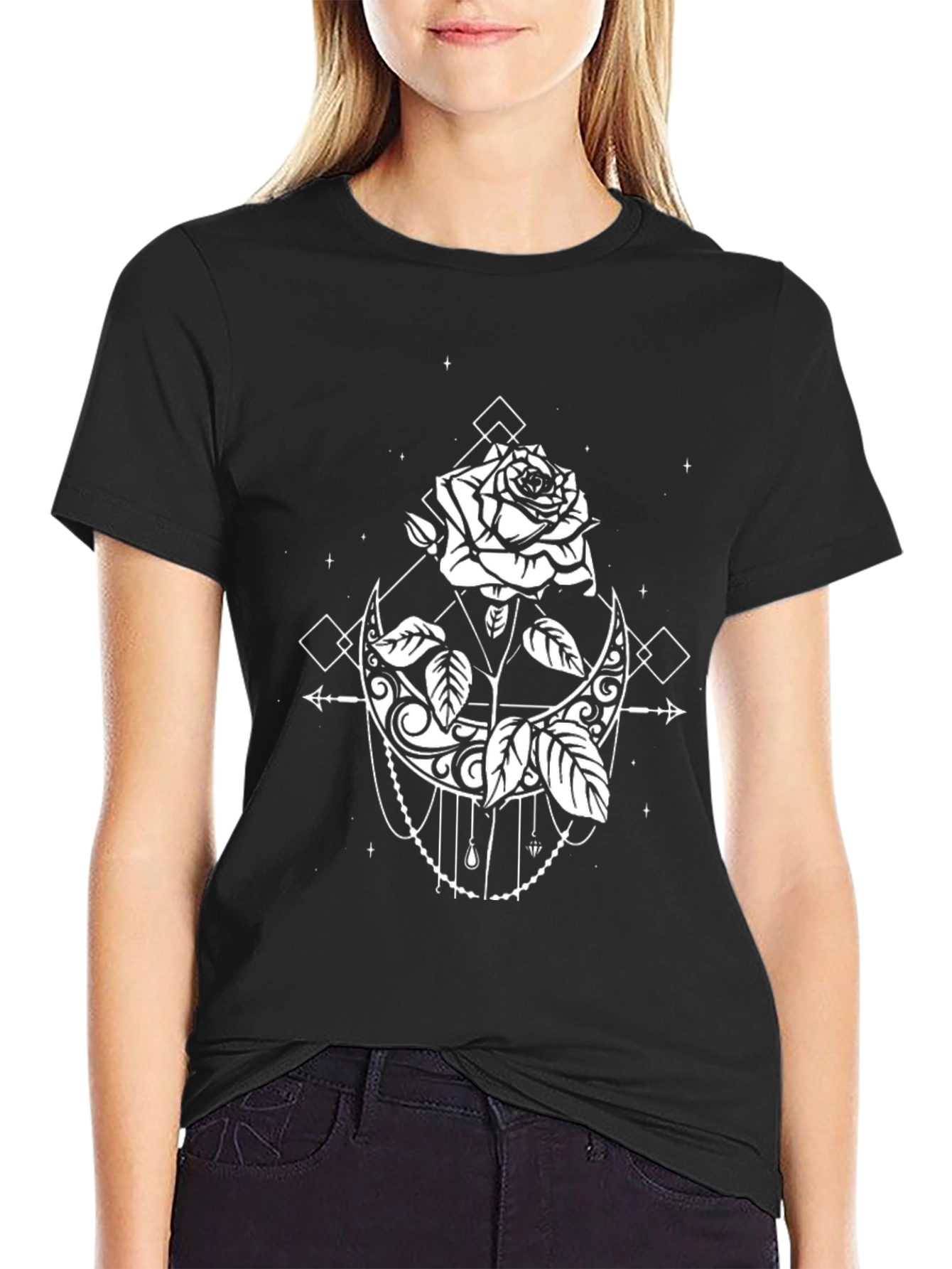 Mystic Rose & Moon Graphic Tee - Black