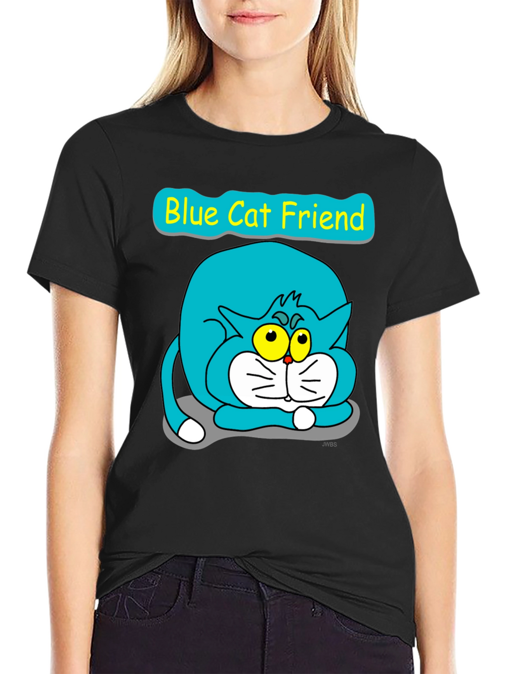 Blue Cat Friend Graphic Tee - Black