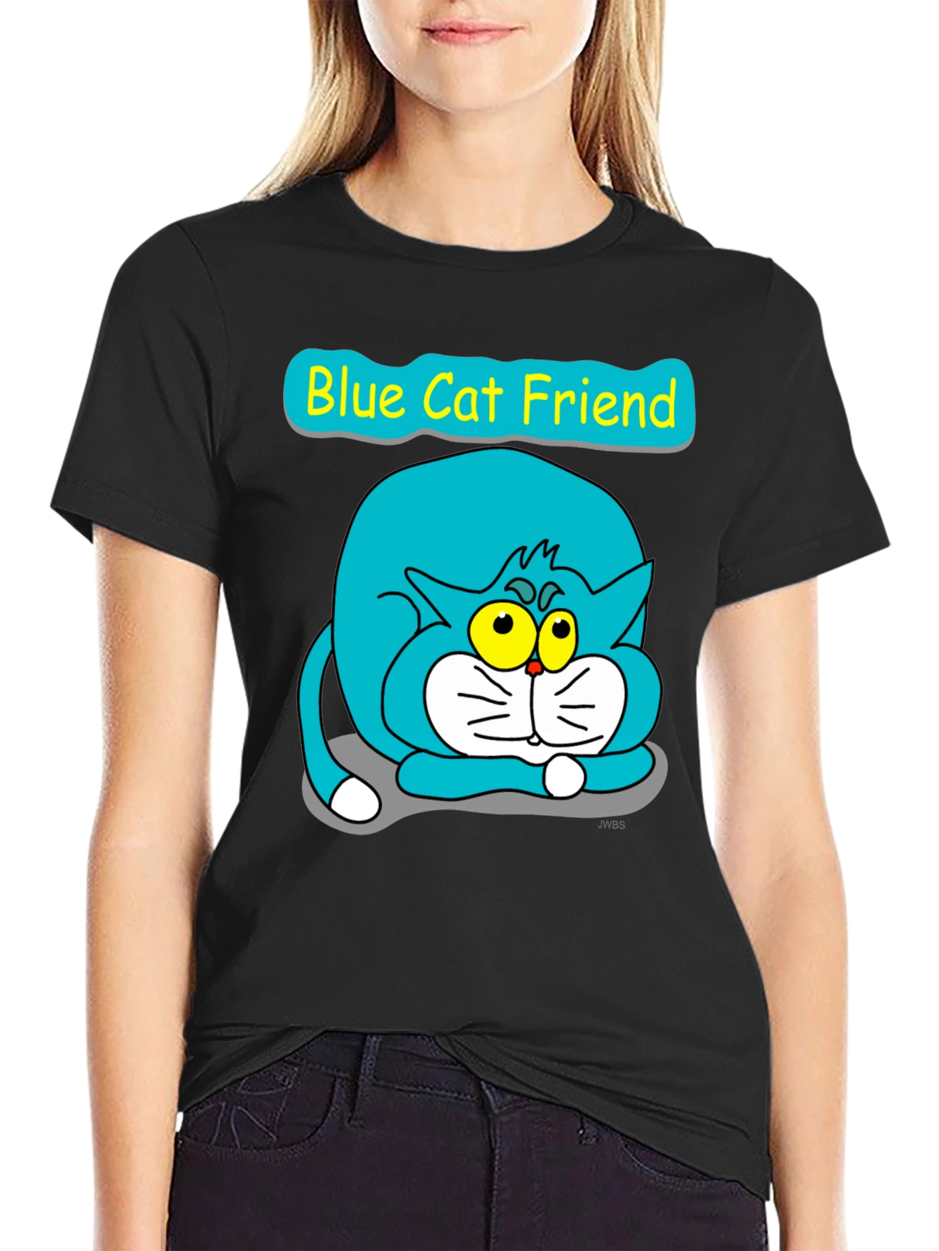 Blue Cat Friend Graphic Tee - Black