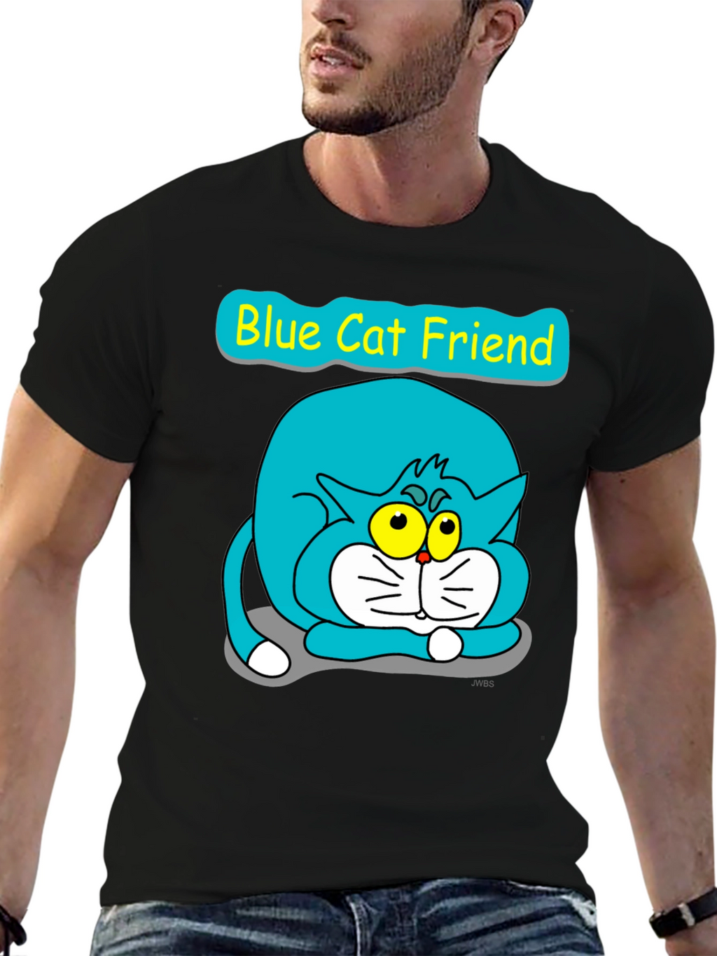 Blue Cat Friend Graphic Tee - Black
