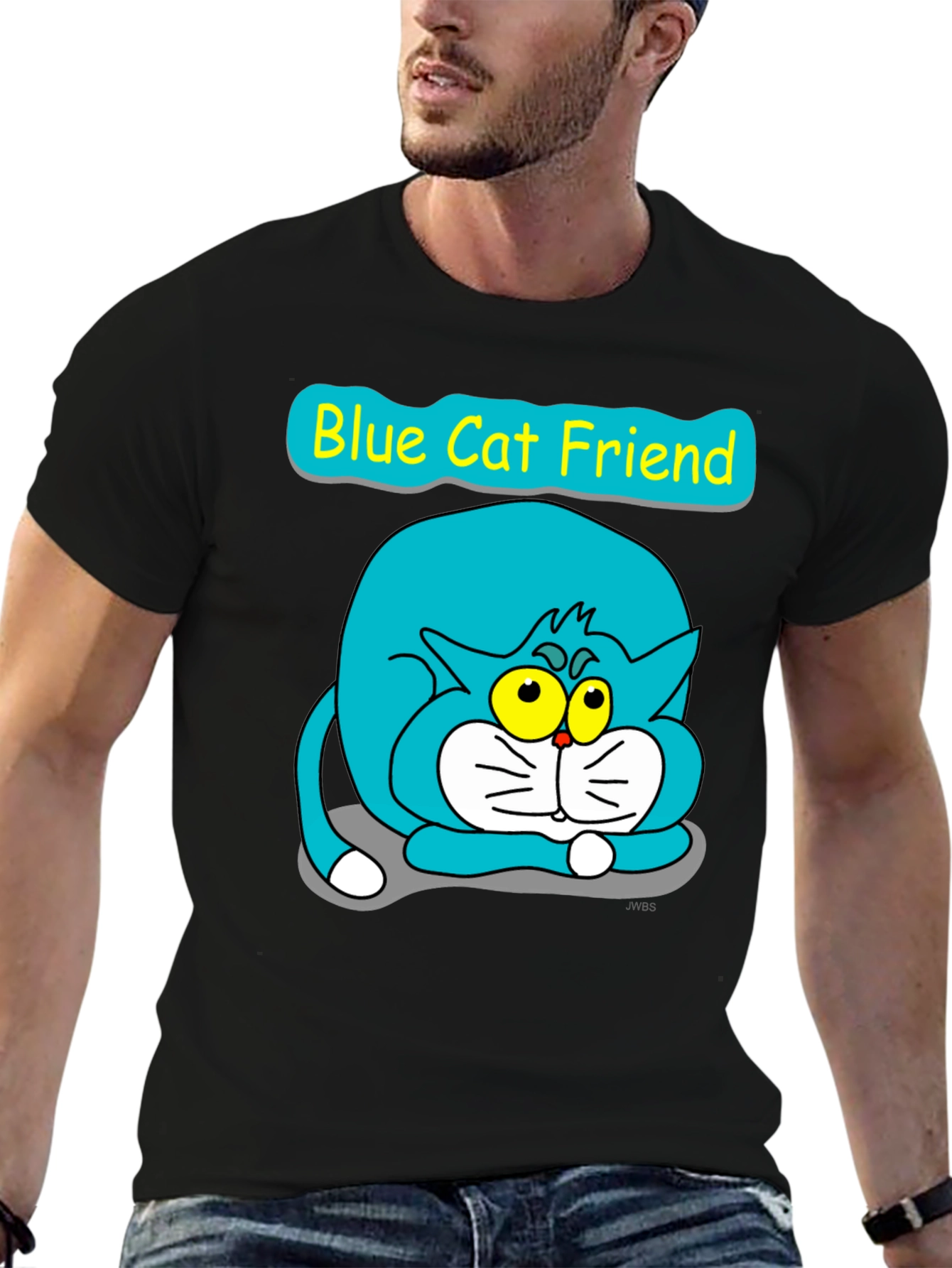 Blue Cat Friend Graphic Tee - Black