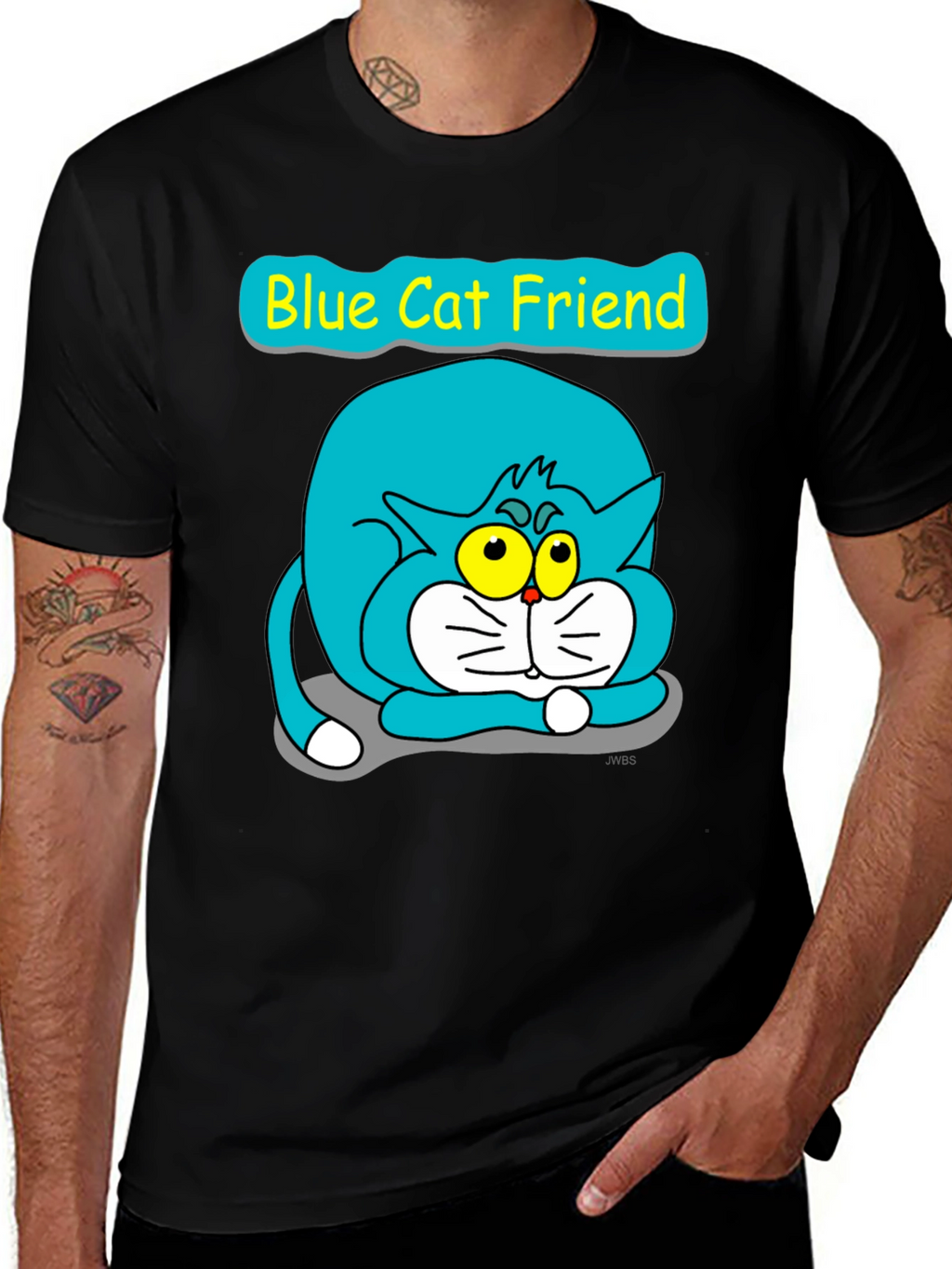 Blue Cat Friend Graphic Tee - Black