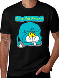 Blue Cat Friend Graphic Tee - Black