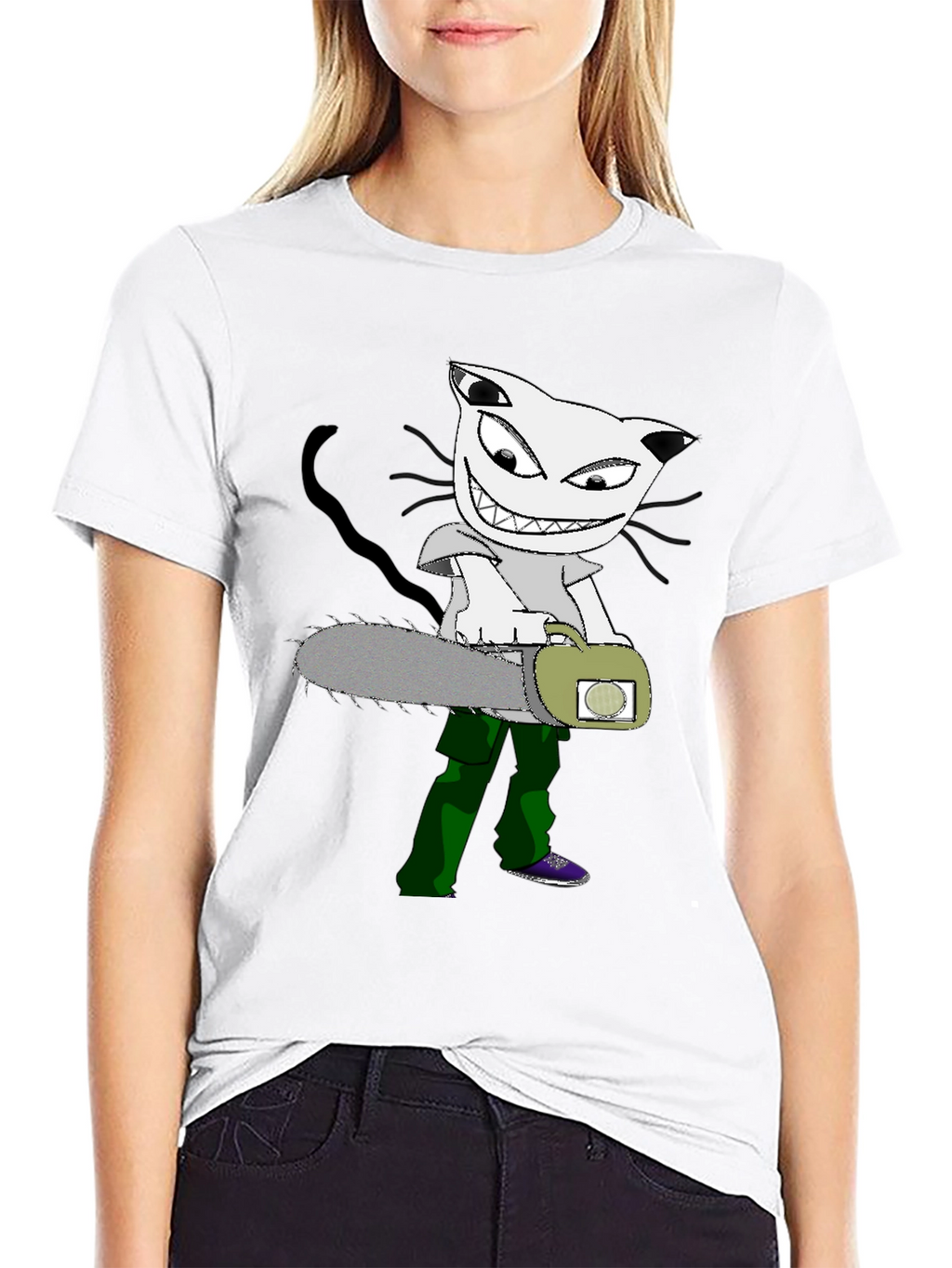 Cartoon Cat Chainsaw Graphic T-Shirt