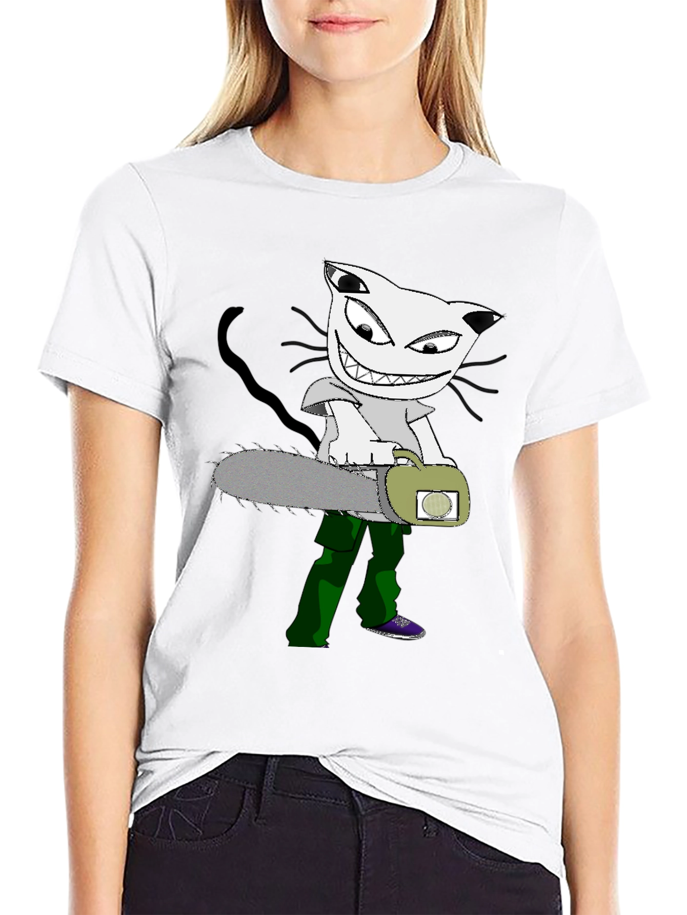 Cartoon Cat Chainsaw Graphic T-Shirt