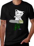 Cartoon Cat Chainsaw Graphic T-Shirt