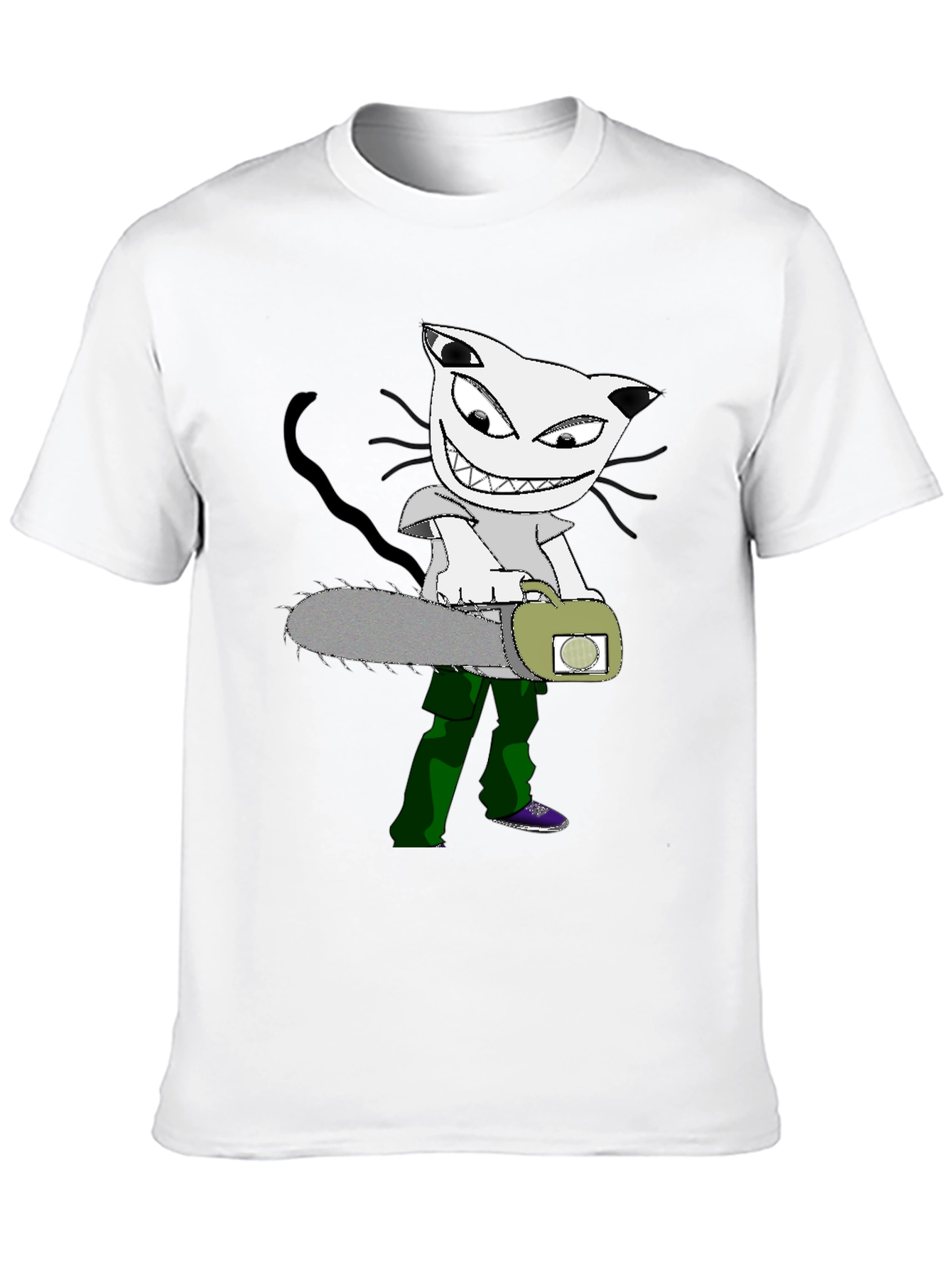 Cartoon Cat Chainsaw Graphic T-Shirt