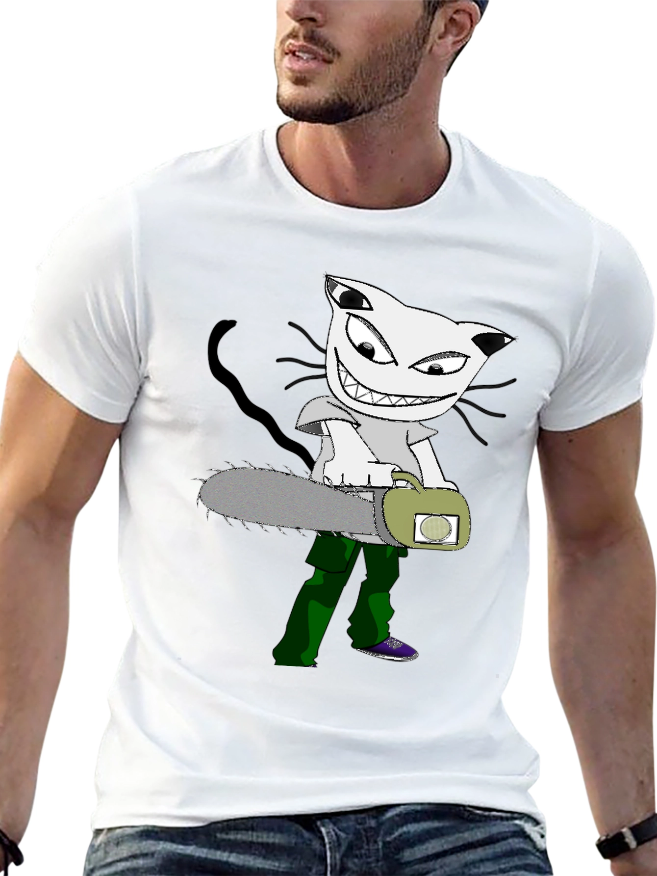 Cartoon Cat Chainsaw Graphic T-Shirt