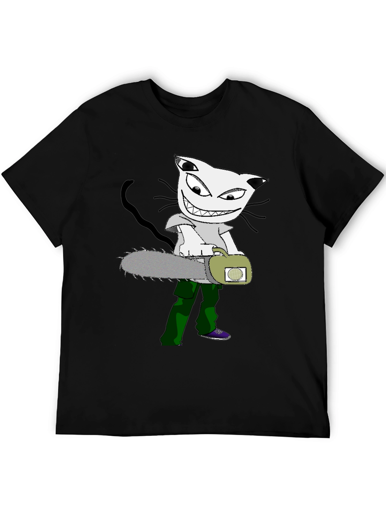 Cartoon Cat Chainsaw Graphic T-Shirt