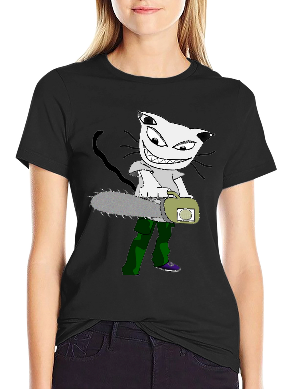 Cartoon Cat Chainsaw Graphic T-Shirt